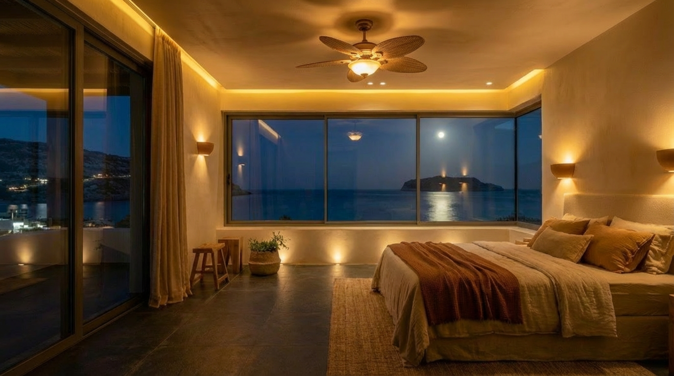 The Stone Suite at daylight, deep window onto the sea
