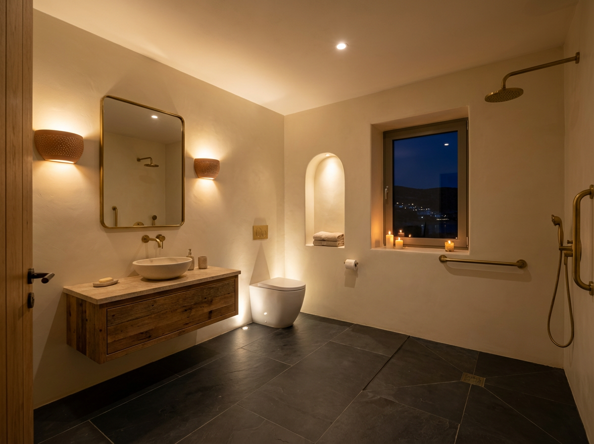 Bathroom in daylight, stone vanity