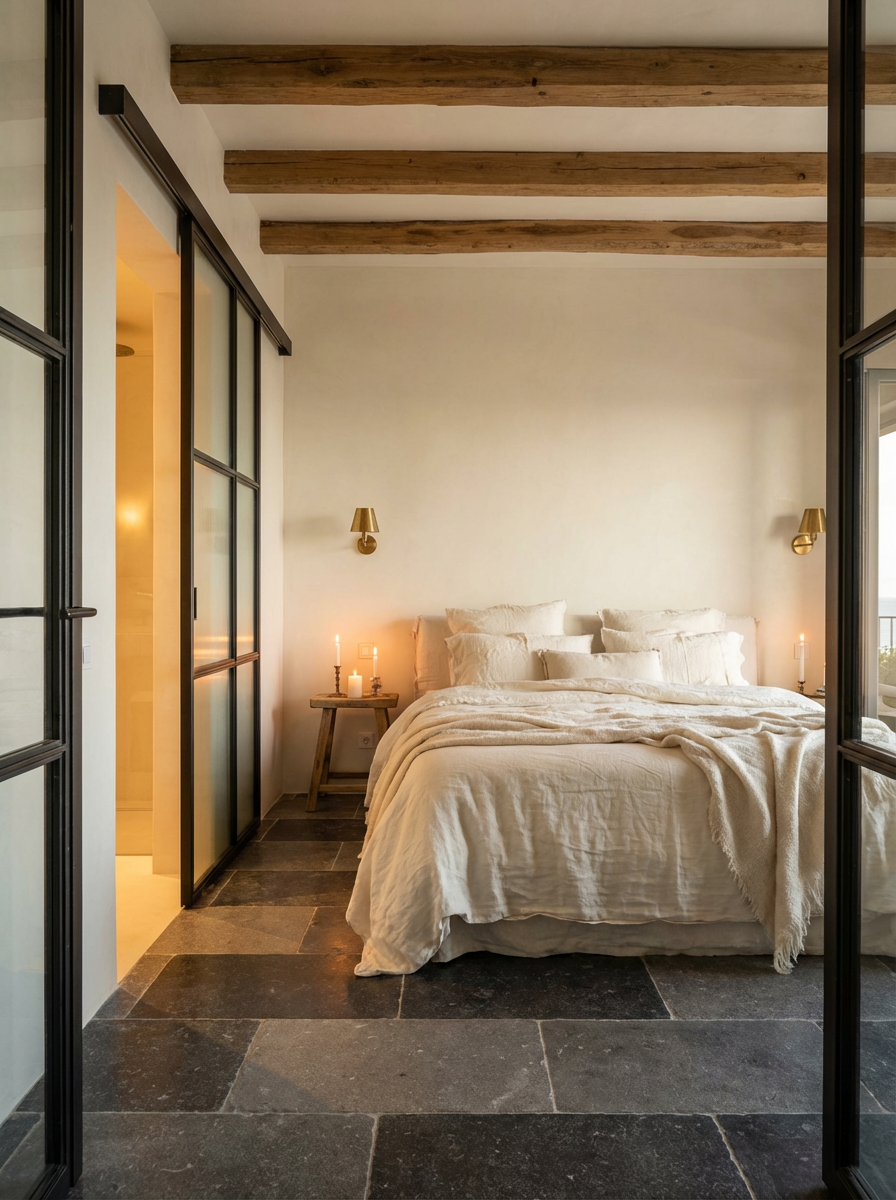 Suite entrance, the long room receding to the sea