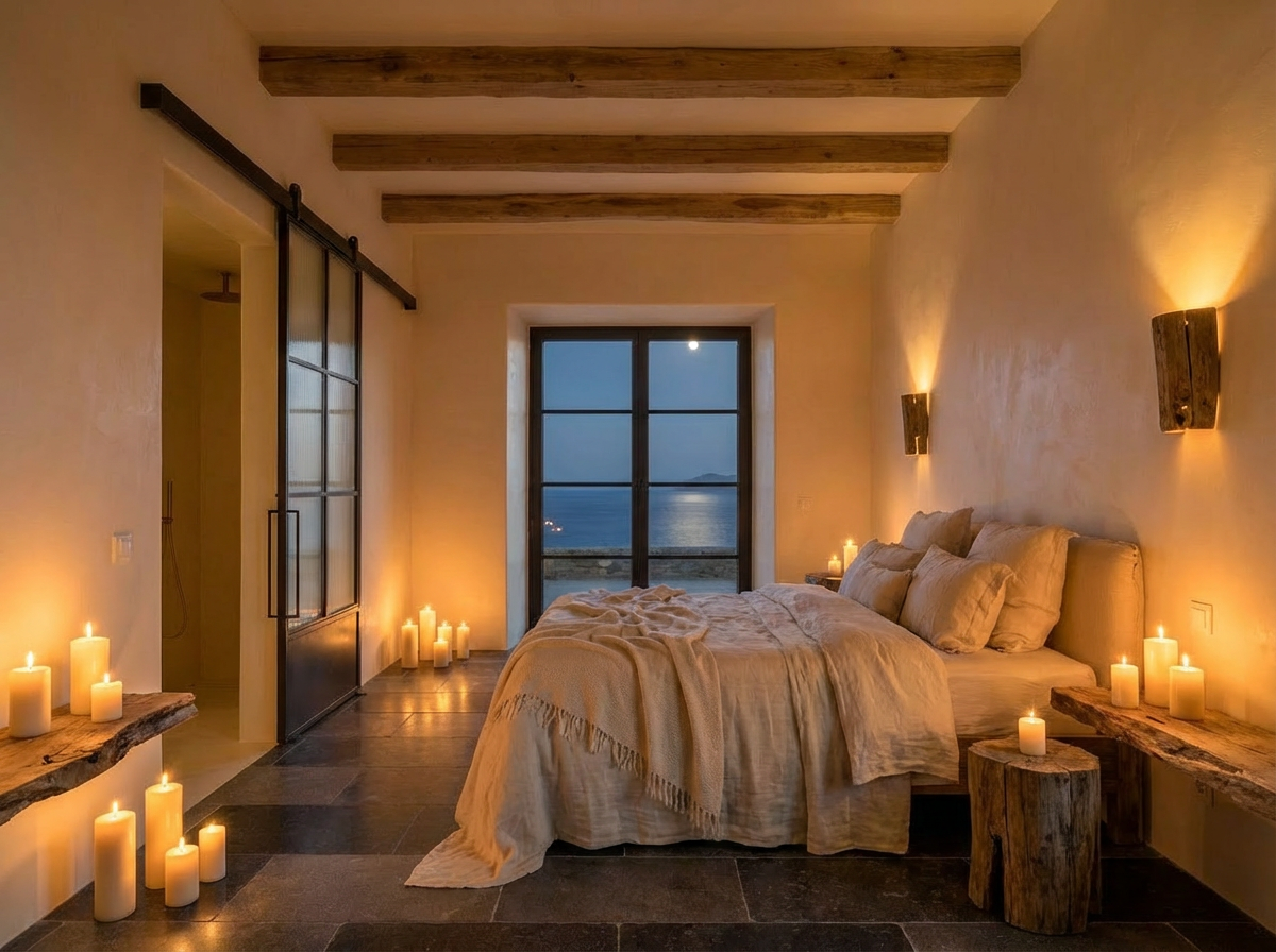 The Horizon Suite by candle — slate floor, ember walls, the sea outside black