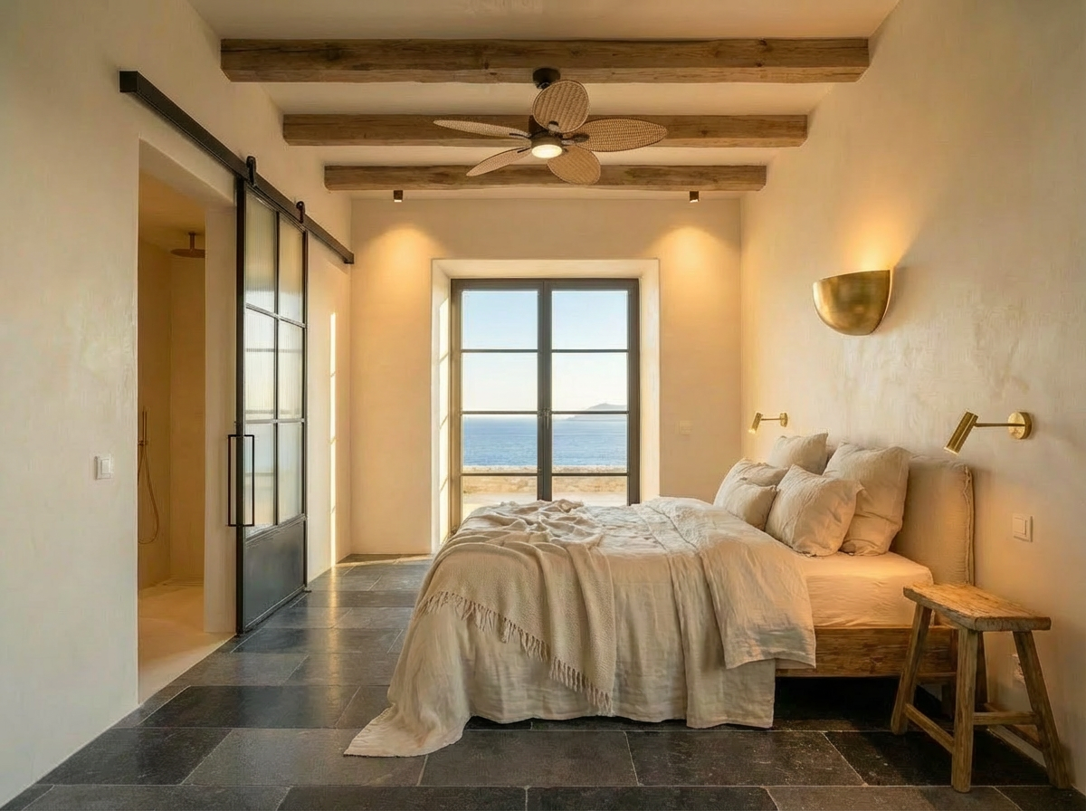 The bed at first light, raw linen