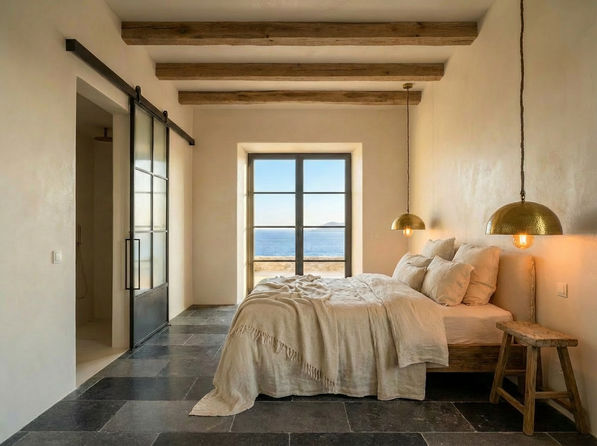 Detail of the suite, dark beams, soft daylight