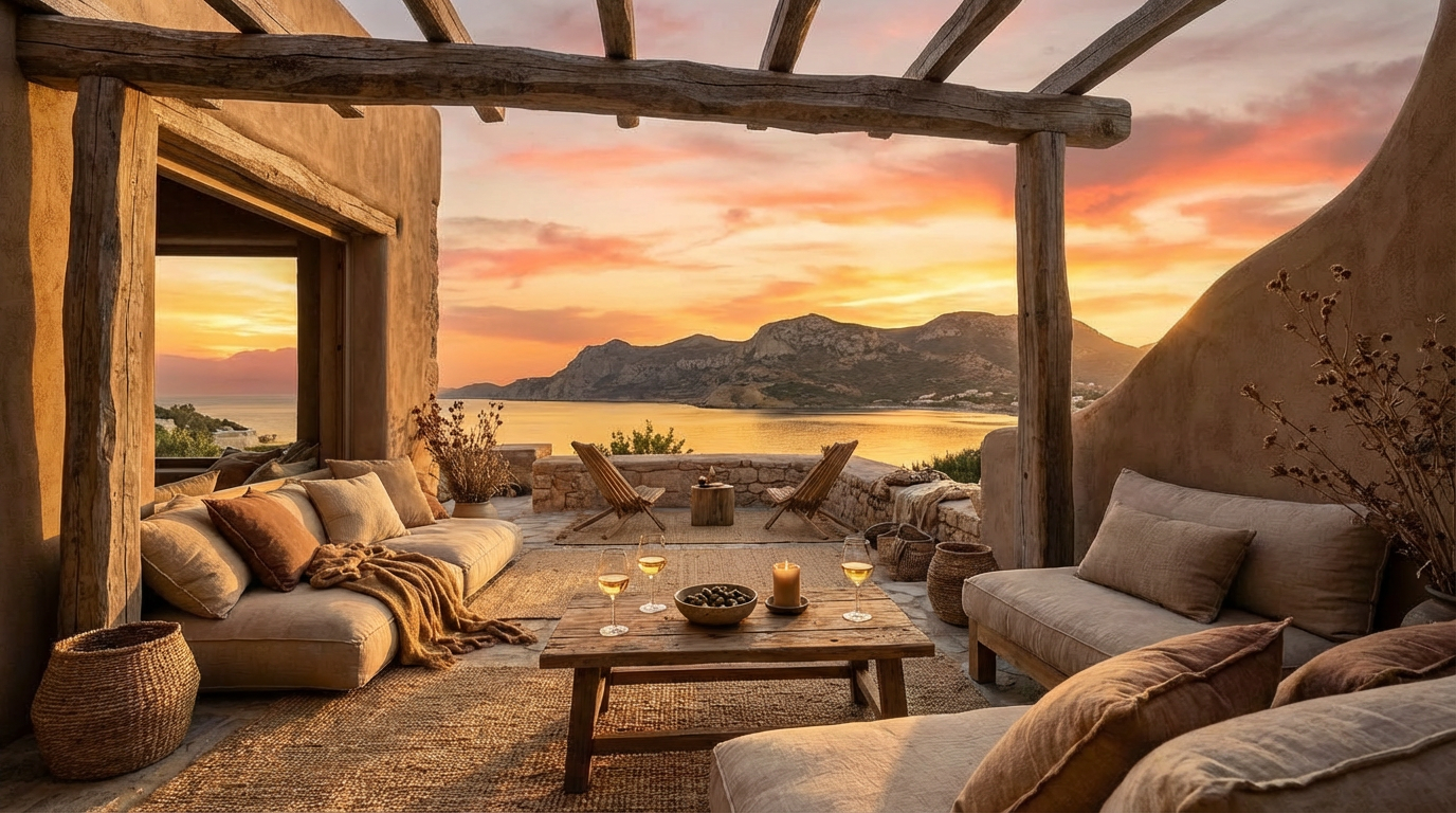 The terrace at sunset — driftwood pergola, the Libyan Sea catching fire