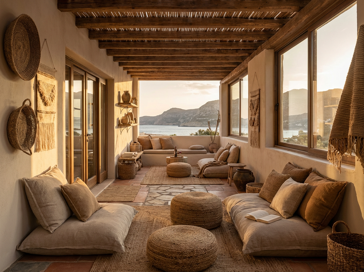 Interior pergola lounge with raw linen cushions, woven baskets, sea view through arched windows