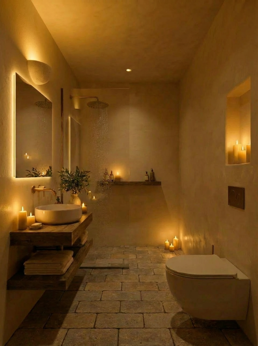 Bathroom by candles — alcove, warm low light