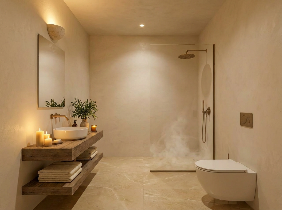 Bathroom, wide view — stone, candle, arched window