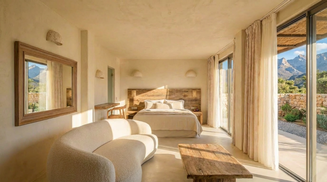 The Orchard Suite at full daylight, raw linen bed, woven textile above the headboard