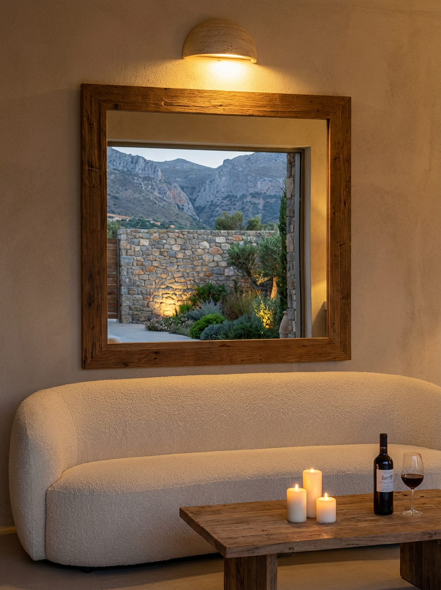 Mirror wall reflection, soft daylight, the room at rest